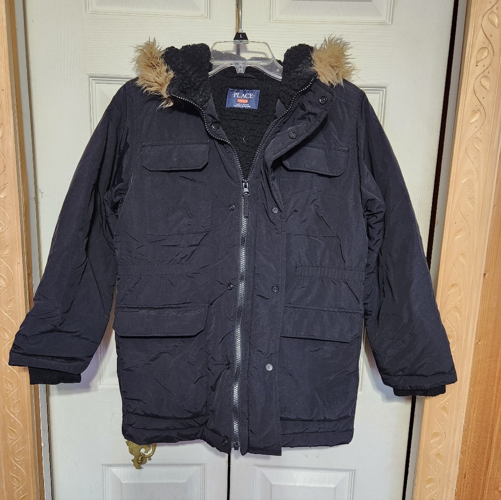 Boys Black Puffer Jacket with Faux Fur Hood - Picture 3 of 12